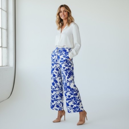 Pantalon imprimé bleu et blanc à taille élastique
