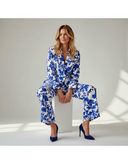 Pantalon imprimé bleu et blanc à taille élastique