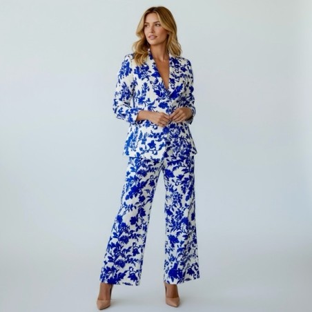 Pantalon imprimé bleu et blanc à taille élastique