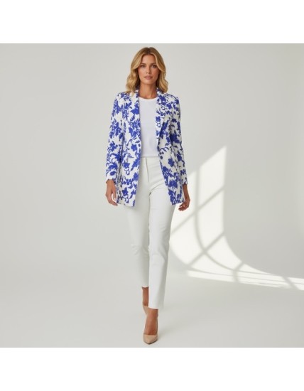 Veste femme élégante à imprimé floral bleu cobalt sur fond ivoire