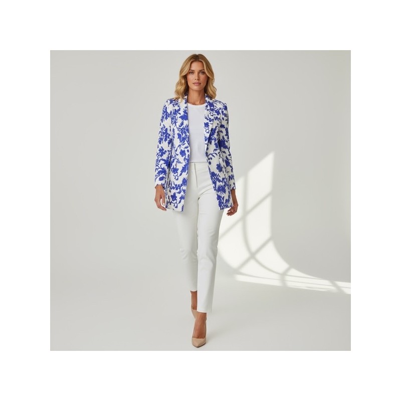 Veste femme élégante à imprimé floral bleu cobalt sur fond ivoire