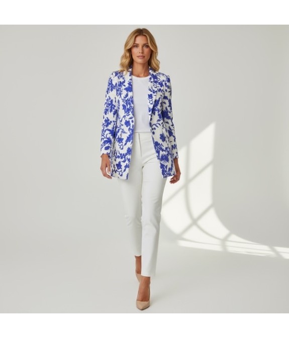 Veste femme élégante à imprimé floral bleu cobalt sur fond ivoire