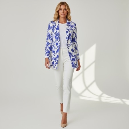 Veste femme élégante à imprimé floral bleu cobalt sur fond ivoire