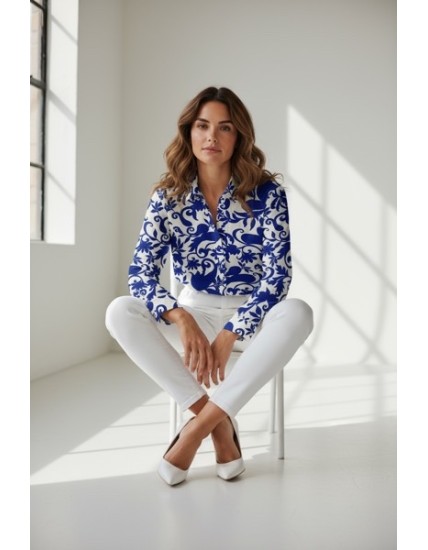 Chemisier femme imprimé bleu et blanc