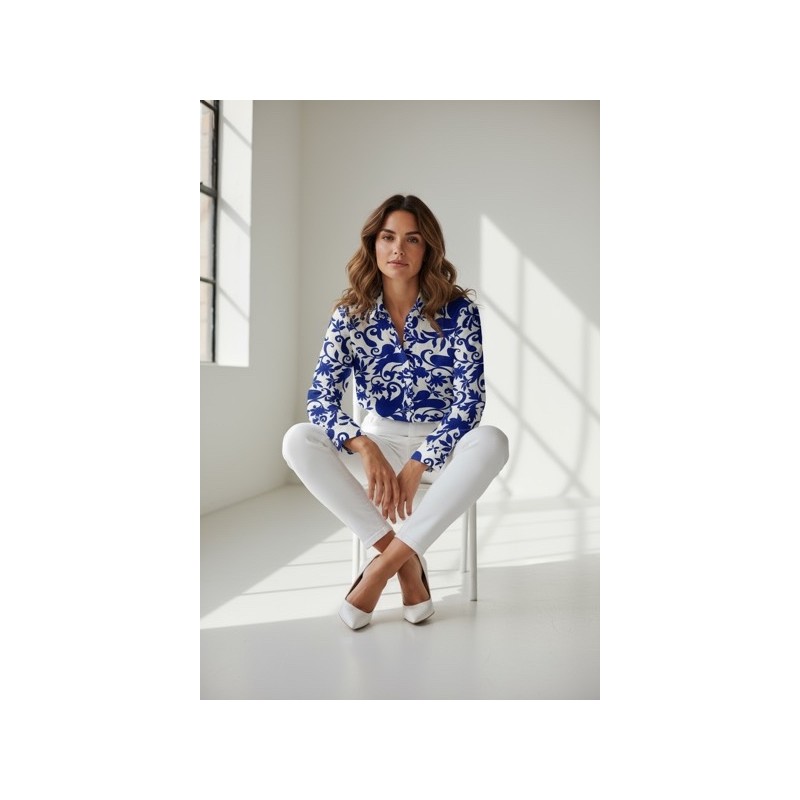 Chemisier femme imprimé bleu et blanc