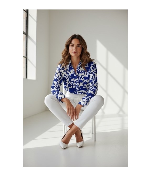 Chemisier femme imprimé bleu et blanc