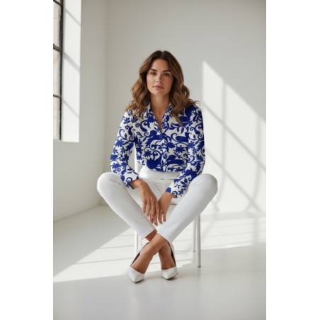 Chemisier femme imprimé bleu et blanc