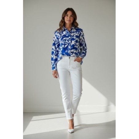 Chemisier femme imprimé bleu et blanc