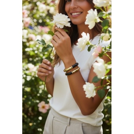 Bracelet esprit jonc en agate noire et  doré