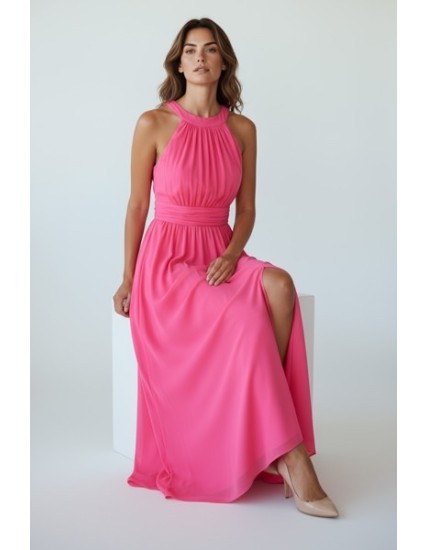 Robe longue fuchsia à col halter et fente élégante
