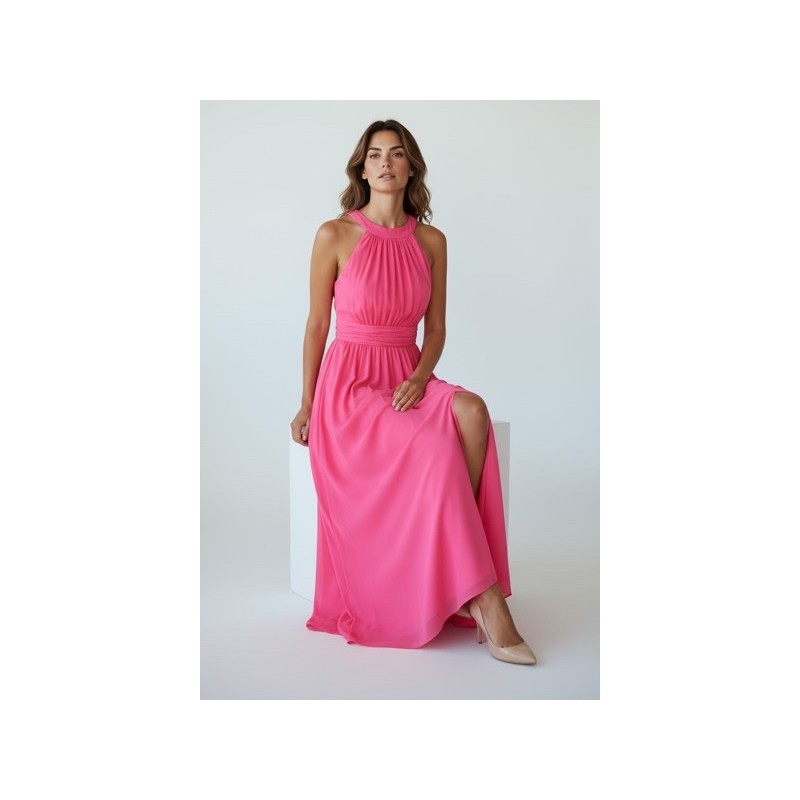 Robe longue fuchsia à col halter et fente élégante
