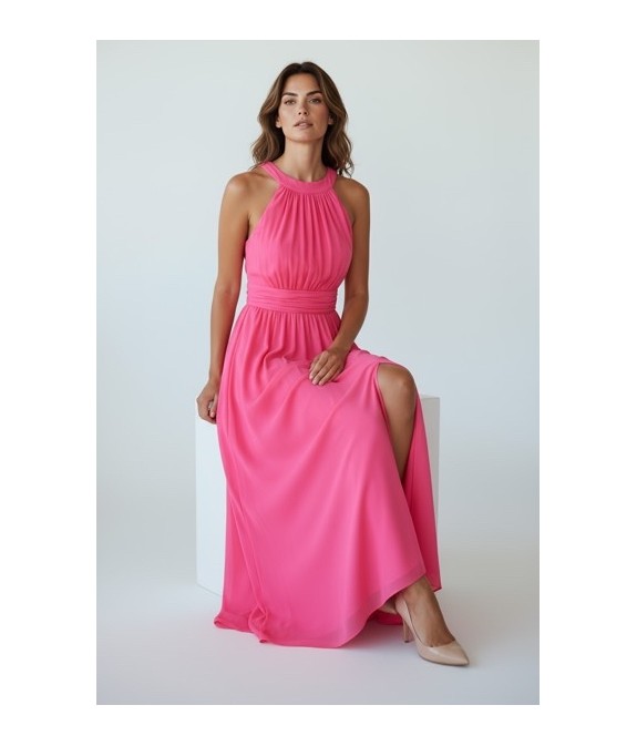 Robe longue fuchsia à col halter et fente élégante