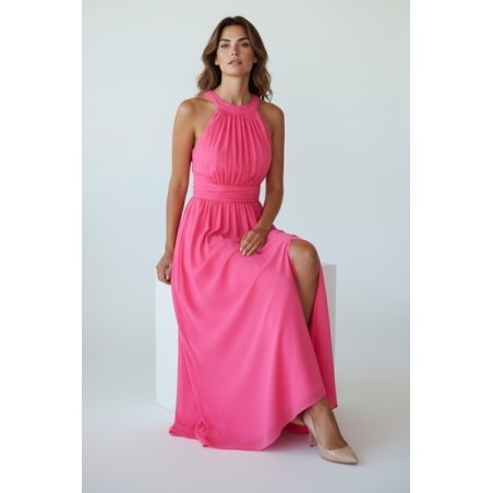 Robe longue fuchsia à col halter et fente élégante