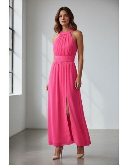 Robe longue fuchsia à col halter et fente élégante