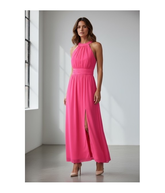 Robe longue fuchsia à col halter et fente élégante