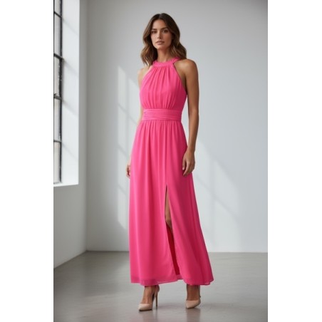Robe longue fuchsia à col halter et fente élégante