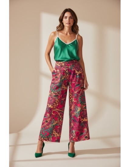 Pantalon large femme à imprimé tropical