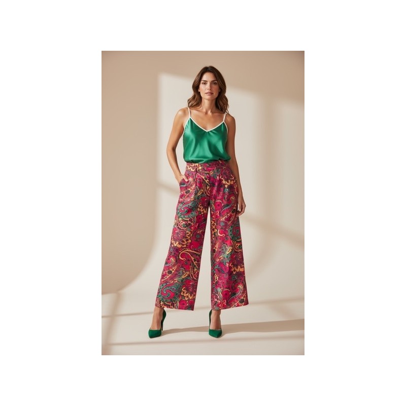 Pantalon large femme à imprimé tropical