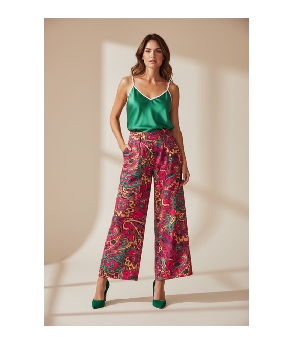 Pantalon large femme à imprimé tropical