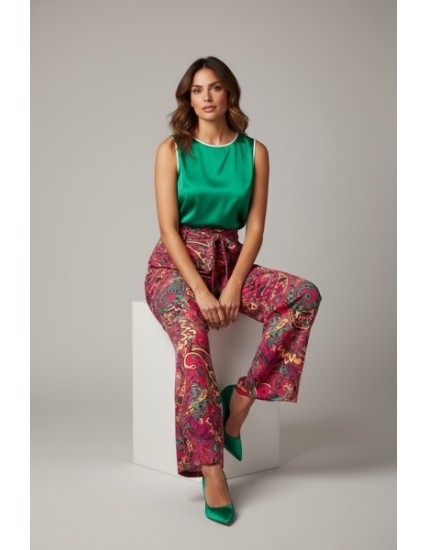 Pantalon large femme à imprimé tropical