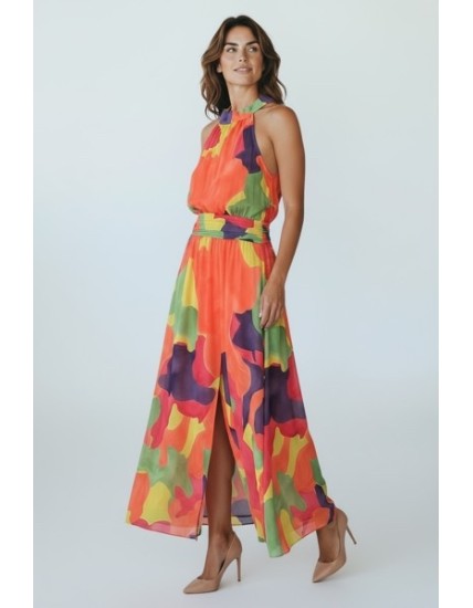 Robe longue colorée, robe fluide été femme, robe imprimé abstrait, robe col halter, robe bohème chic, robe fendue élégante,