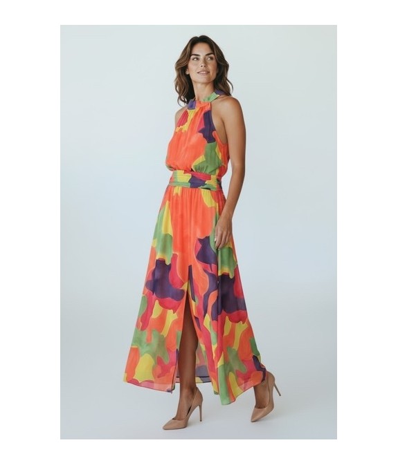 Robe longue colorée, robe fluide été femme, robe imprimé abstrait, robe col halter, robe bohème chic, robe fendue élégante,