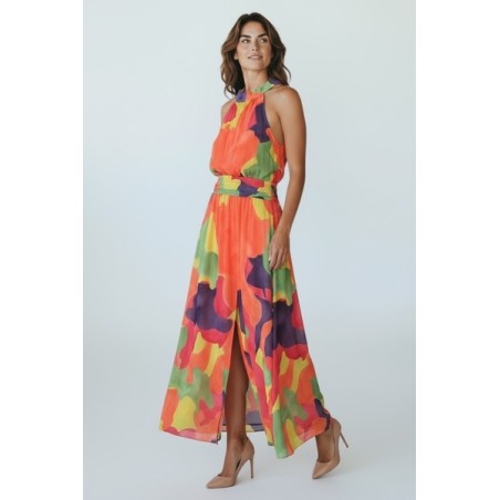 Robe longue colorée, robe fluide été femme, robe imprimé abstrait, robe col halter, robe bohème chic, robe fendue élégante,