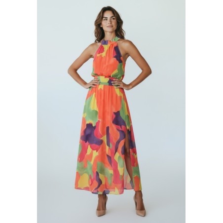 Robe longue colorée, robe fluide été femme, robe imprimé abstrait, robe col halter, robe bohème chic, robe fendue élégante,