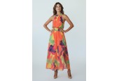 Robe longue fluide à imprimé coloré – col halter et fente élégante