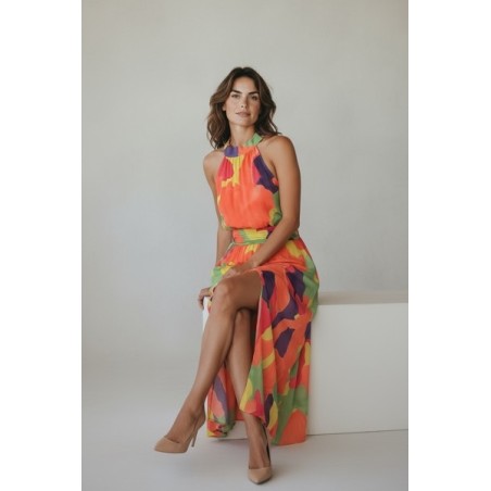 Robe longue colorée, robe fluide été femme, robe imprimé abstrait, robe col halter, robe bohème chic, robe fendue élégante,