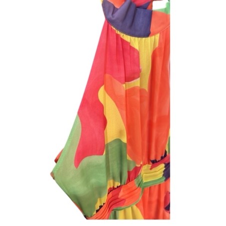 Robe longue colorée, robe fluide été femme, robe imprimé abstrait, robe col halter, robe bohème chic, robe fendue élégante,