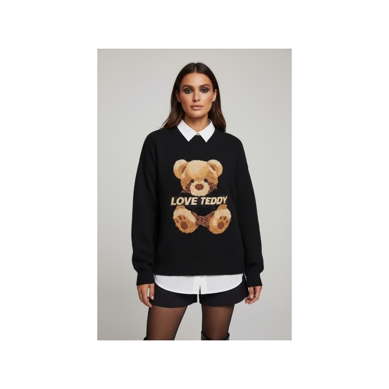 Pull Femme Noir “NOUNOURS” – Style Casual Chic & Détails Brodés