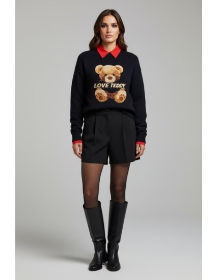 Pull Femme Noir “NOUNOURS” – Style Casual Chic & Détails Brodés