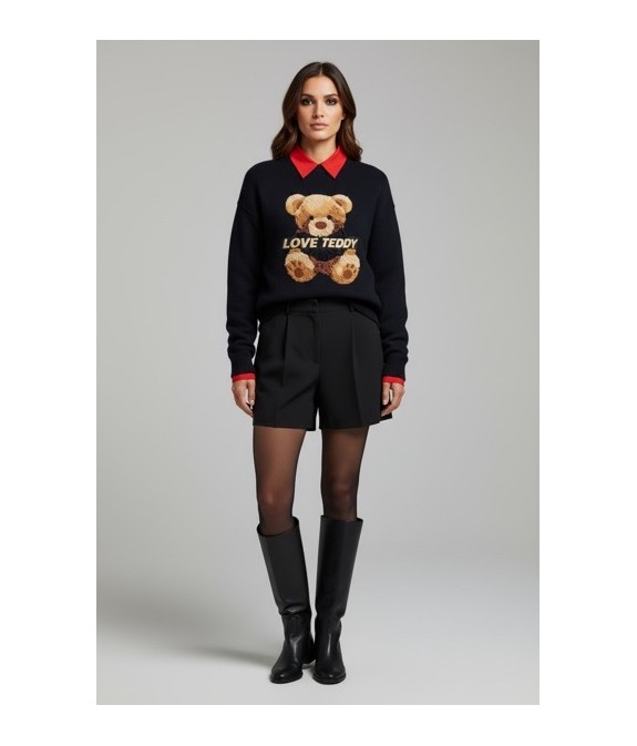 Pull Femme Noir “NOUNOURS” – Style Casual Chic & Détails Brodés