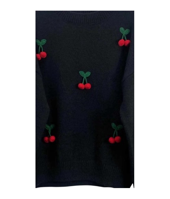 Pull  noir en maille avec motifs cerises brodés
