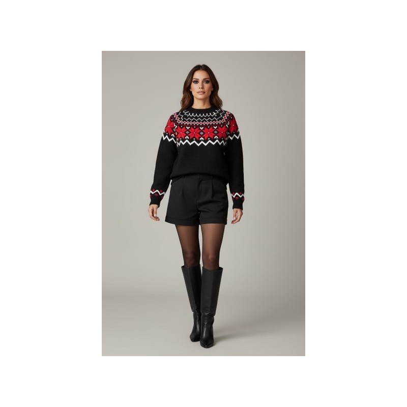 Pull d’hiver motif jacquard noir et rouge – Style nordique élégant
