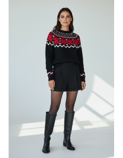 Pull d’hiver motif jacquard noir et rouge – Style nordique élégant