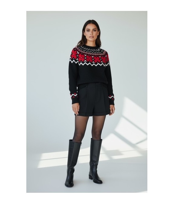 Pull d’hiver motif jacquard noir et rouge – Style nordique élégant