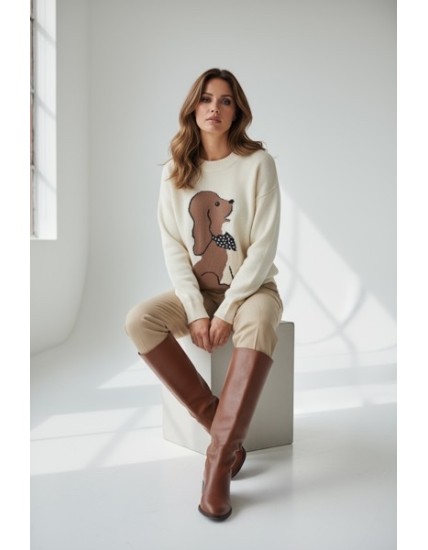 Pull Femme Motif Chien Beige – Pull Chaud Confortable et Original