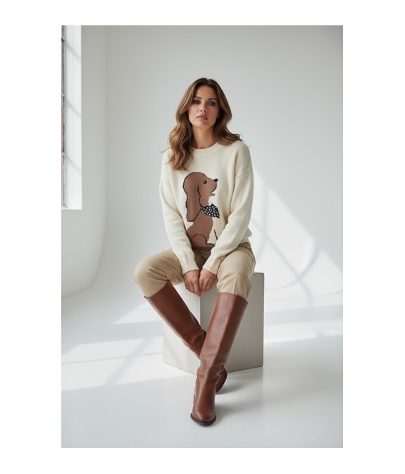Pull Femme Motif Chien Beige – Pull Chaud Confortable et Original