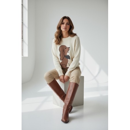 Pull Femme Motif Chien Beige – Pull Chaud Confortable et Original