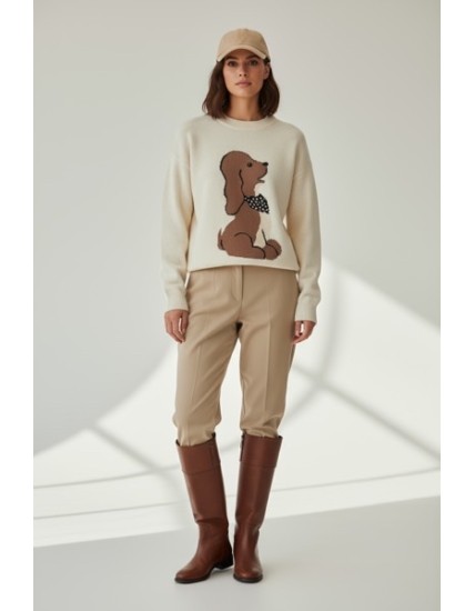 Pull femme beige motif chien – Style cosy et tendance