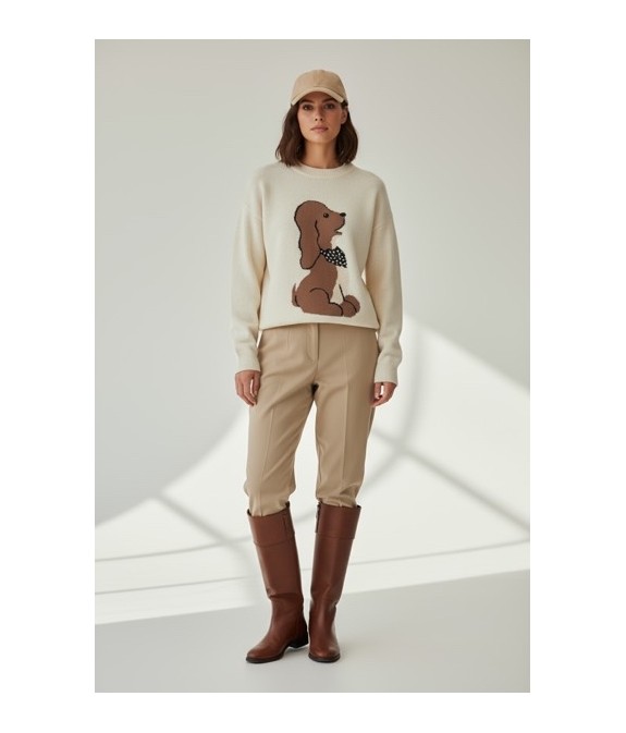 Pull femme beige motif chien – Style cosy et tendance