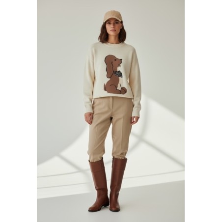 Pull Femme Motif Chien Beige – Pull Chaud Confortable et Original