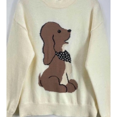 Pull Femme Motif Chien Beige – Pull Chaud Confortable et Original
