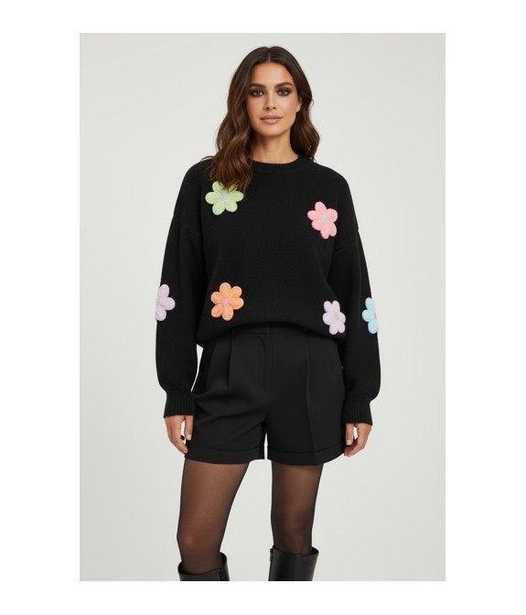 Pull noir femme à fleurs brodées multicolores – Style tendance et confortable