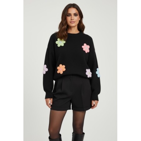 Pull noir femme à fleurs brodées multicolores – Style tendance et confortable