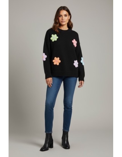 Pull noir à fleurs brodées multicolores