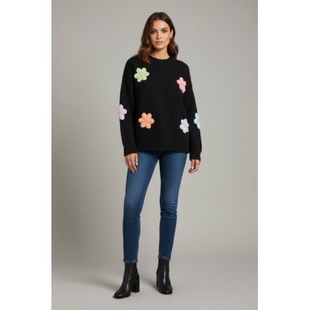 Pull noir femme à fleurs brodées multicolores – Style tendance et confortable