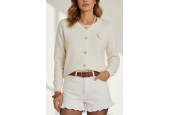 Gilet Femme Élégant en Maille Blanc  avec Boutons Bijoux et Fleur Brodée